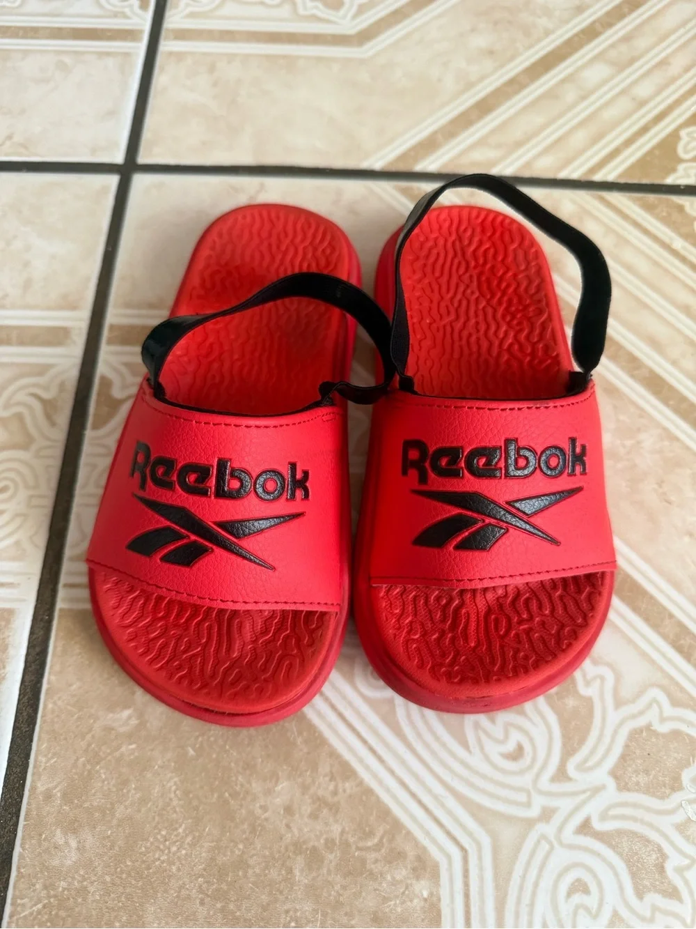 Reebok Kids Red Slide Sandals with Black Logo and Heel Strap